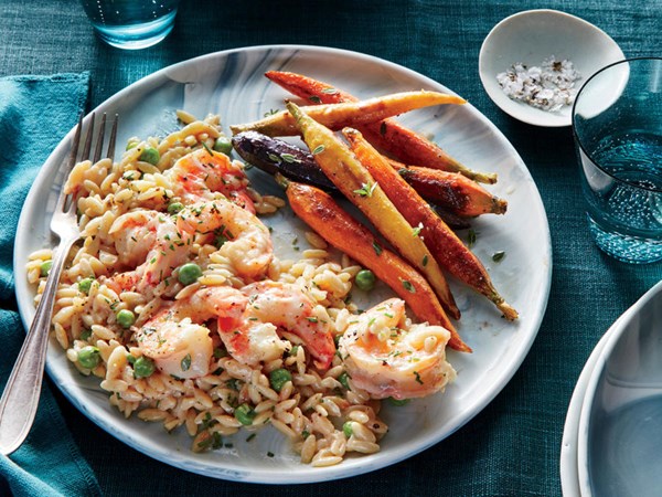 Creamy lemon orzo with peas and shrimp
