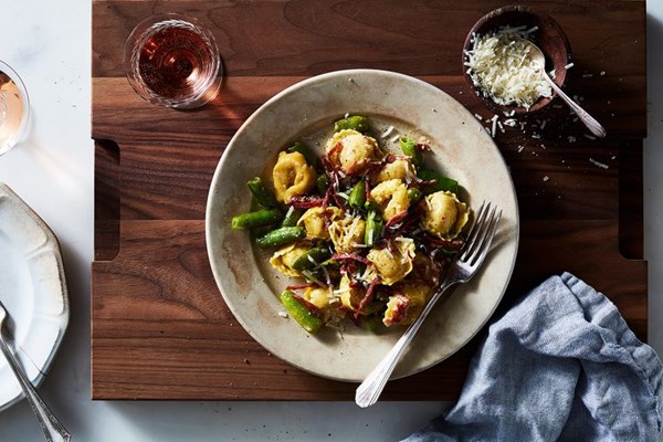 Creamy lemon tortellini with sugar snap peas and soppressata