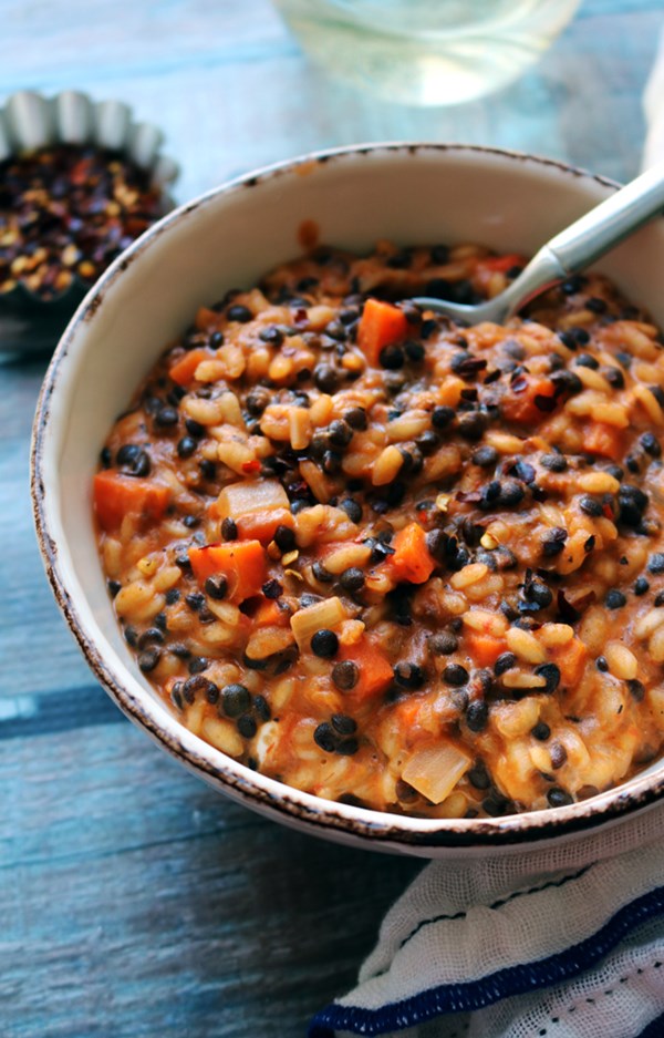 Creamy mascarpone risotto with vegetarian lentil Bolognese