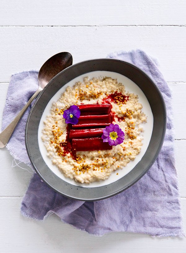 Creamy millet porridge and red wine roasted rhubarb