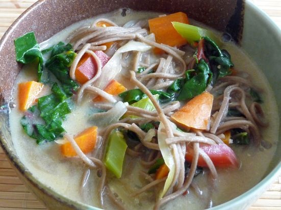 Creamy miso soup with veggies, greens & soba noodles