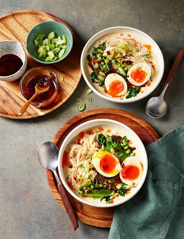 Creamy miso tofu soup with a jammy egg