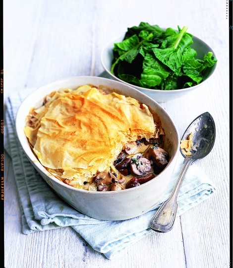 Creamy mushroom and chestnut filo pie