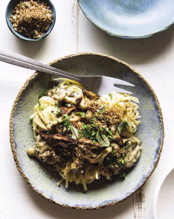 Creamy mushroom linguine with pangritata