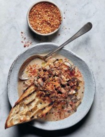 Creamy mushrooms soup with tahini, miso and cashews