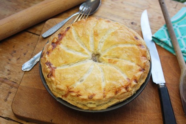 Creamy onion, broccoli and mushroom pie with a ruff puff pastry crust