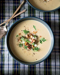 Creamy parsnip soup with pear and walnuts