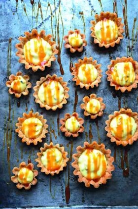 Creamy passion fruit curd tarts with caramel