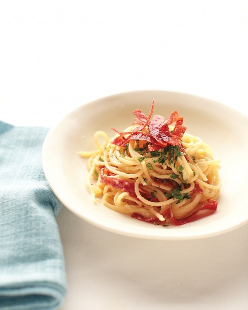 Creamy pasta with crispy salami
