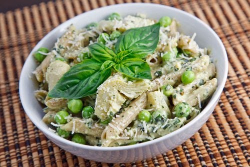 Creamy pea and artichoke pesto pasta salad