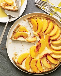 Creamy peach tart with smoky almond crust
