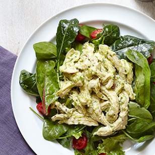 Creamy pesto chicken salad with greens