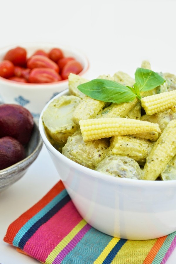 Creamy pesto potato salad with baby corn 