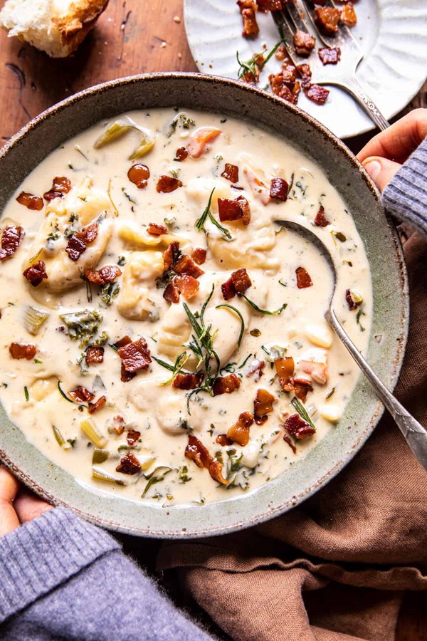 Creamy pierogi chicken soup with rosemary bacon bits