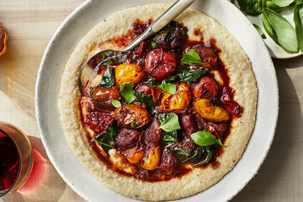 Creamy polenta with burst cherry tomato-and-red wine ragout