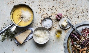 Creamy polenta with charred mushrooms