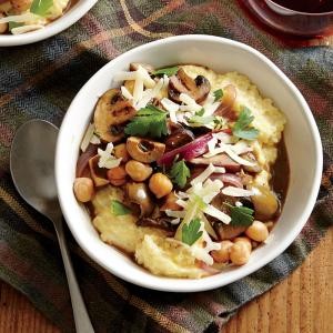 Creamy polenta with mushrooms, chickpeas, and olives