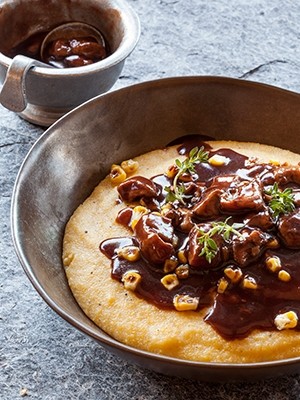 Creamy polenta with roasted corn and porcini mushroom-Bordelaise sauce