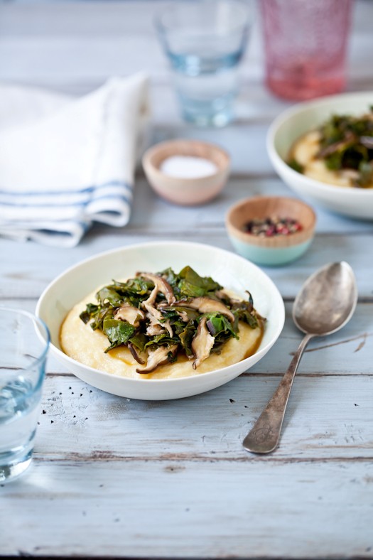 Creamy polenta with Russian kale & shiitake mushrooms