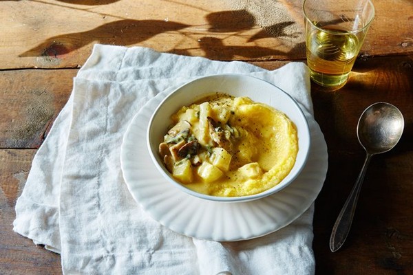 Creamy polenta with sautéed apples, mushrooms, & Calvados