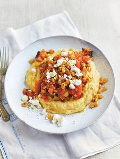 Creamy polenta with sweetcorn, feta and caponata