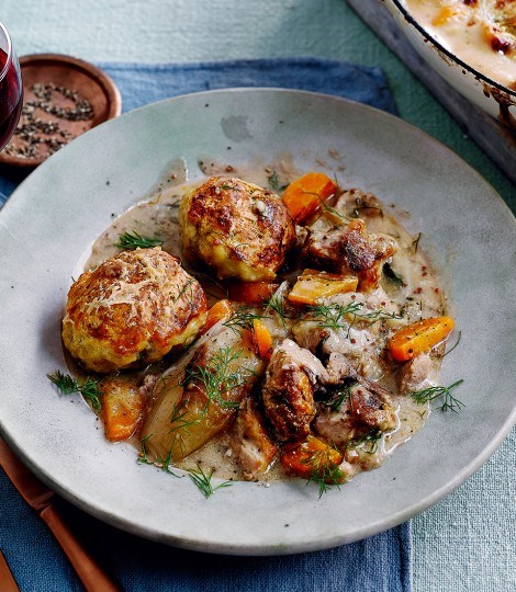 Creamy pork and sherry casserole with Parmesan dumplings