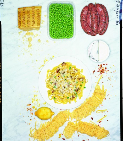 Creamy pork pasta with lemon, chilli and peas