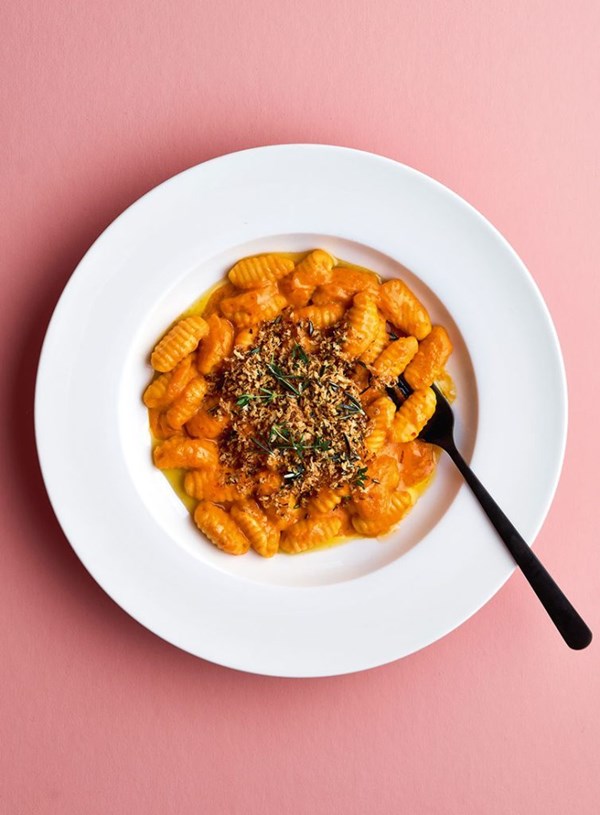 Creamy pumpkin & 'nduja gnocchi Sardi with herby panko crumbs