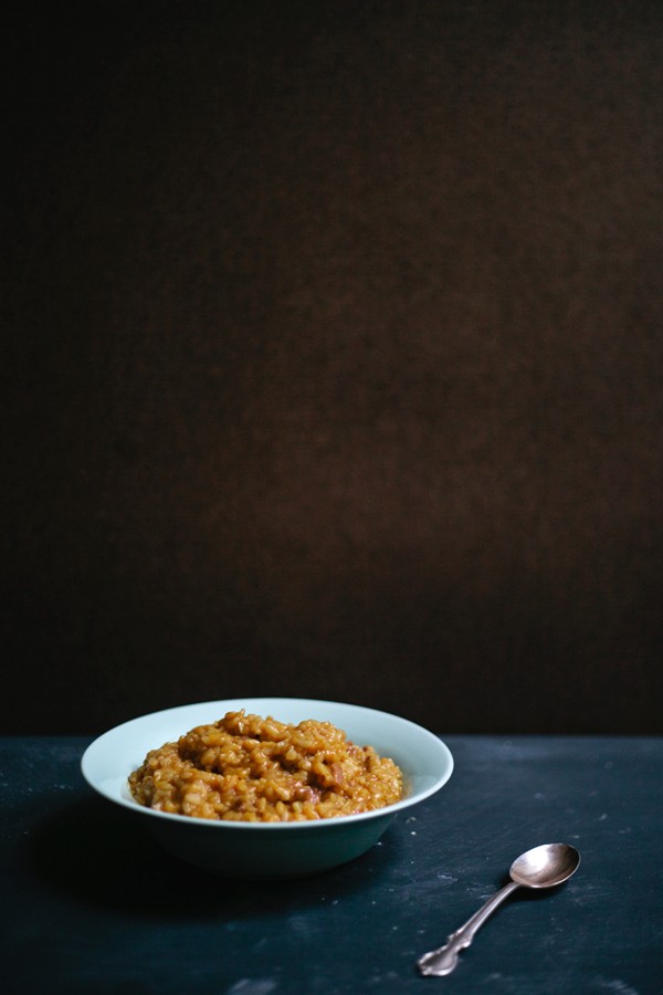 Creamy pumpkin risotto with bacon and leeks