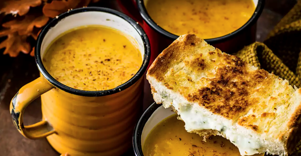 Creamy pumpkin soup with blue cheese and sage toasties