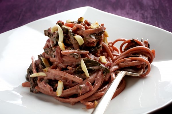 Creamy red chard linguine