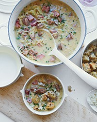 Creamy reuben chowder with rye croutons