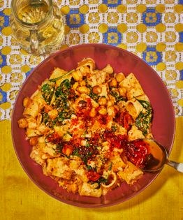 Creamy rigatoni with crispy chickpeas, spinach, and lemony panko