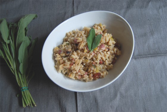 Creamy risotto with pancetta, crisp sage, and walnuts