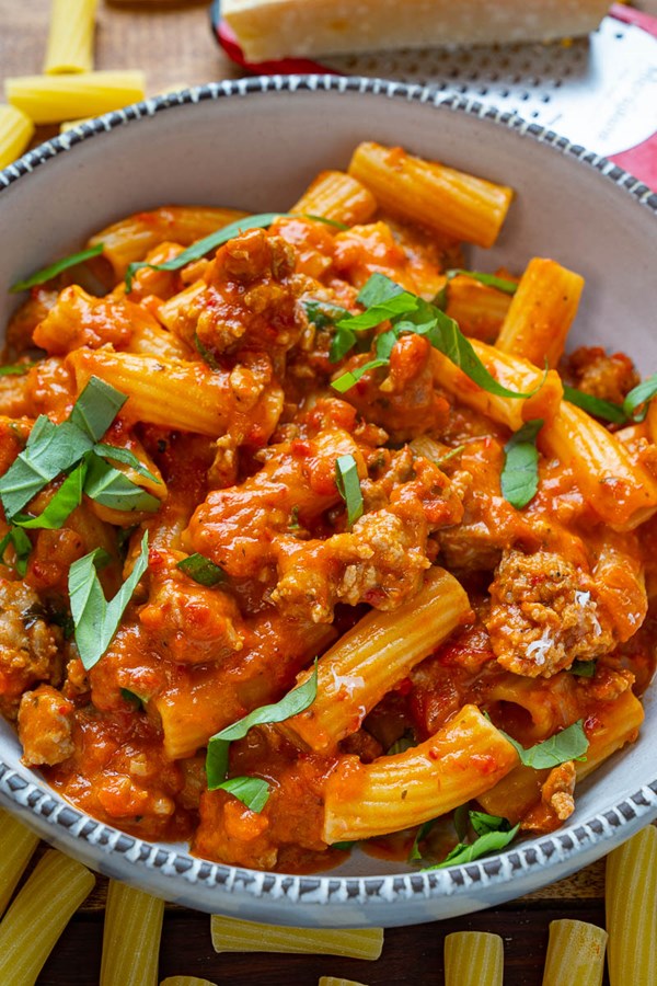 Creamy roasted red pepper and Italian sausage pasta