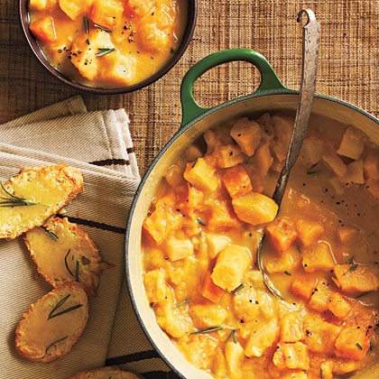 Creamy root vegetable stew with Gruyère crostini