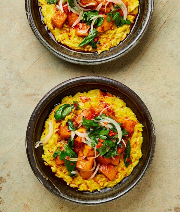 Creamy saffron orzo with roast butternut squash