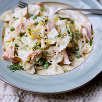 Creamy salmon farfalle with dill and peas