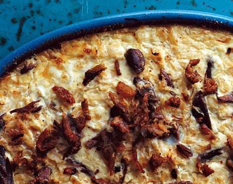 Creamy sauerkraut gratin with duck confit