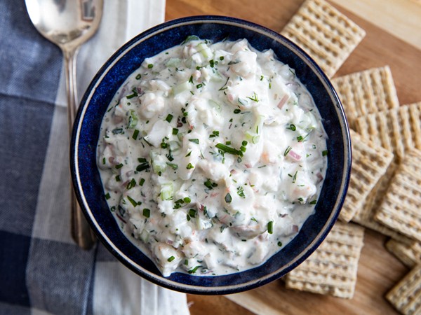Creamy shrimp dip with shallots, dill, and lemon