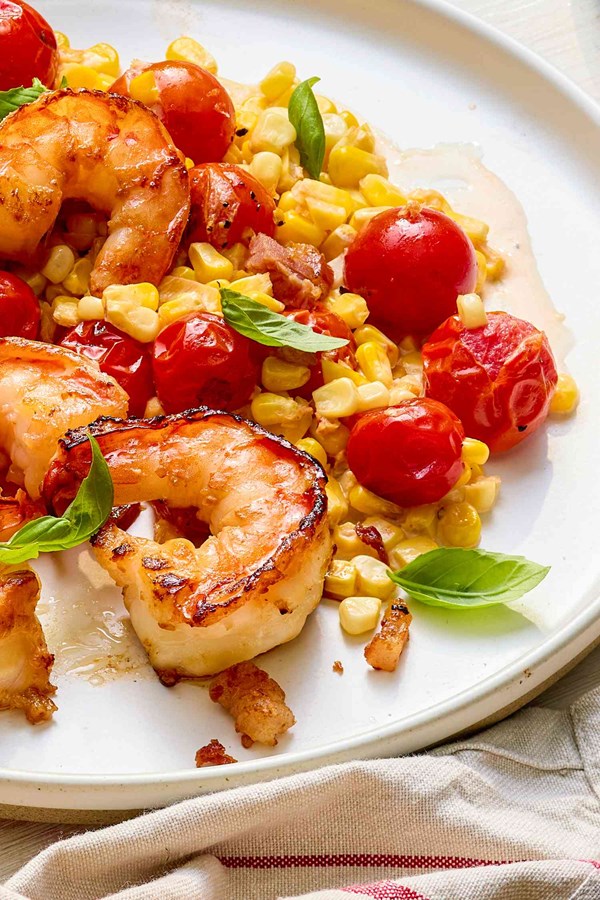 Creamy skillet shrimp with corn, pancetta, and tomatoes