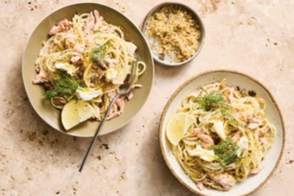 Creamy smoked trout spaghetti with crunchy anchovy crumb