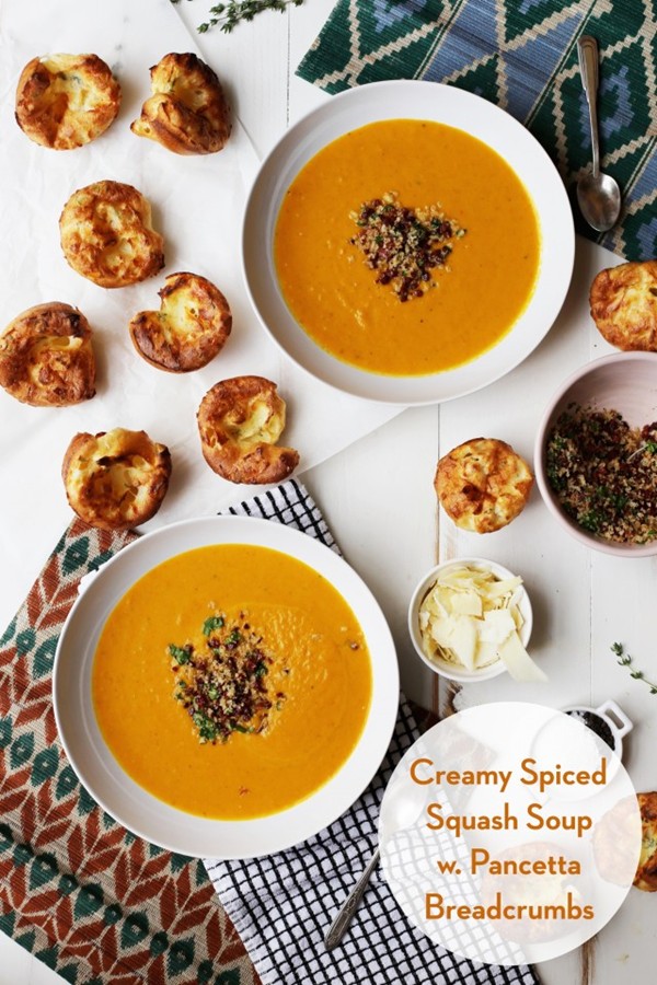 Creamy spiced squash soup with Parmesan thyme popovers