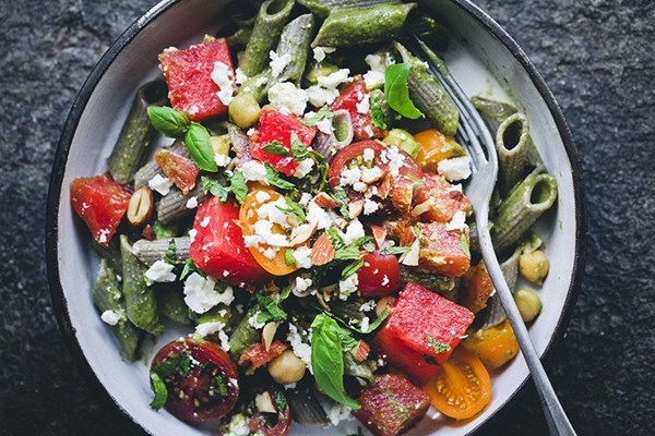 Creamy spinach penne with watermelon