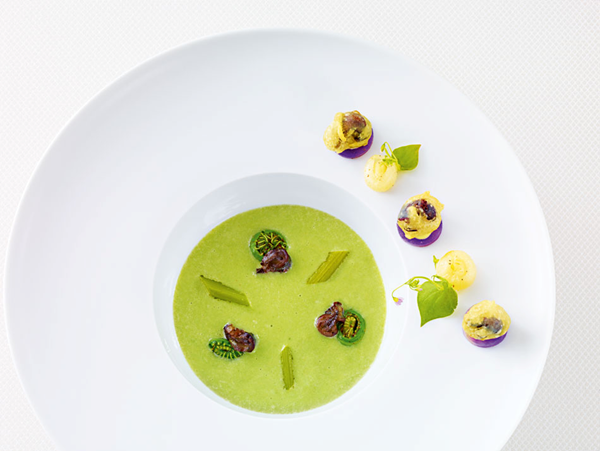 Creamy spring garlic soup, petit gris beignets