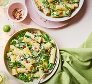 Creamy spring greens rigatoni with lemon, bacon & chilli