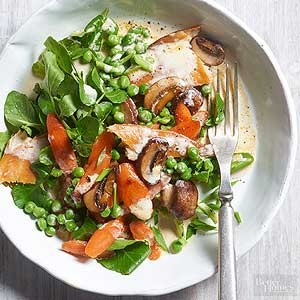 Creamy spring vegetables & smoked trout