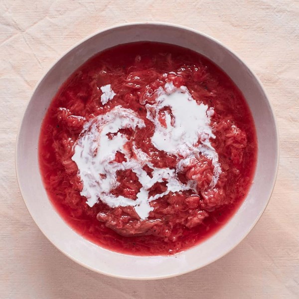 Creamy strawberry and rhubarb soup