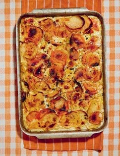 Creamy sweet potato & leek bake