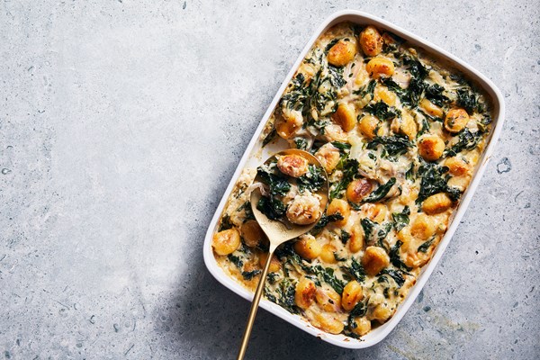 Creamy Swiss chard gratin with crispy gnocchi